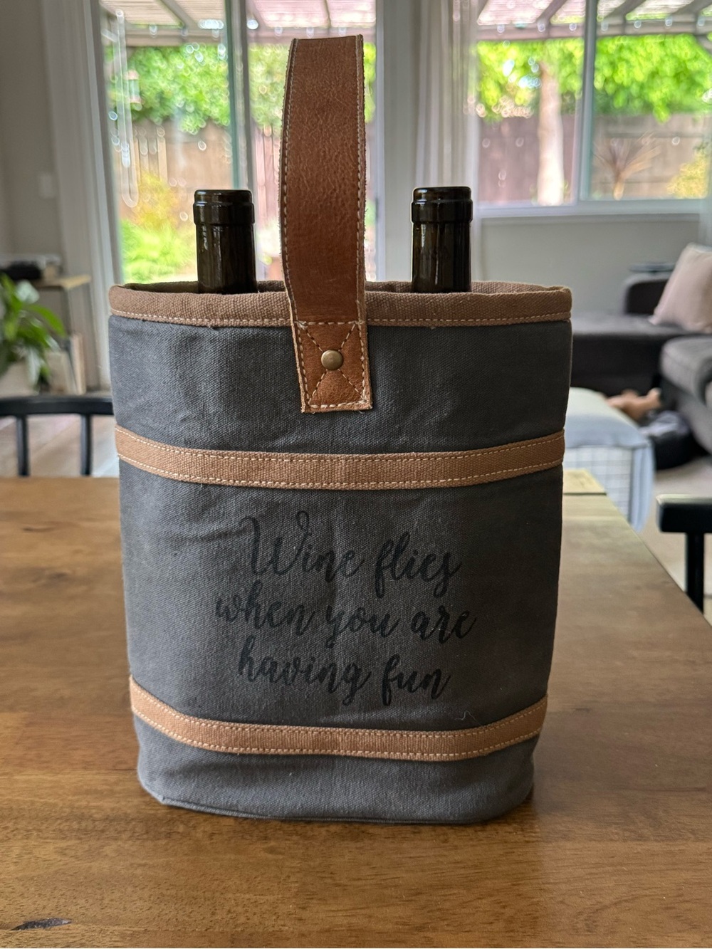 “Wine Flies When You Are Having Fun” Canvas & Leather Wine Tote